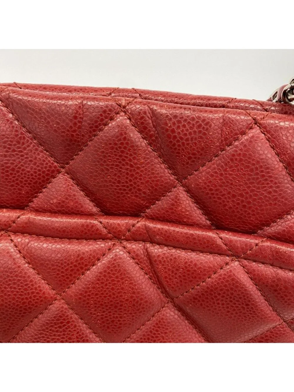 Chanel Chain Tote Quilted Caviar Leather Red Silver